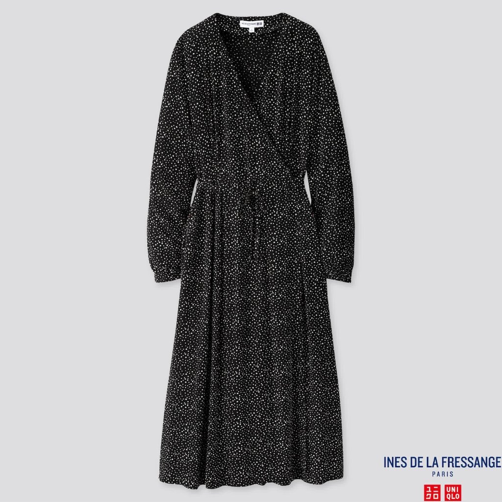 Uniqlo X Ines De La Fressange Black Star Print Long Midi Wrap Dress Size M